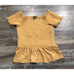 American Eagle Smocked Off-the-shoulder Babydoll Top Mustard Brown Small